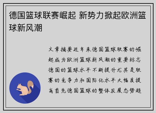 德国篮球联赛崛起 新势力掀起欧洲篮球新风潮