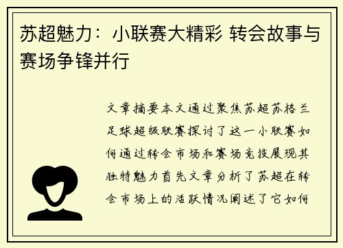 苏超魅力：小联赛大精彩 转会故事与赛场争锋并行